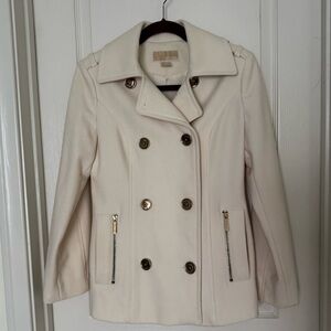 Michael Kors, double breasted cream peacoat with gold accents, size 2